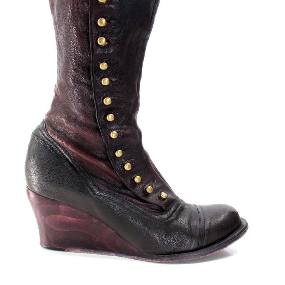 Calleen Cordero Knee High Boots 6.5 Black Brown Leather Brass Button Wedge Heel - Picture 4 of 15